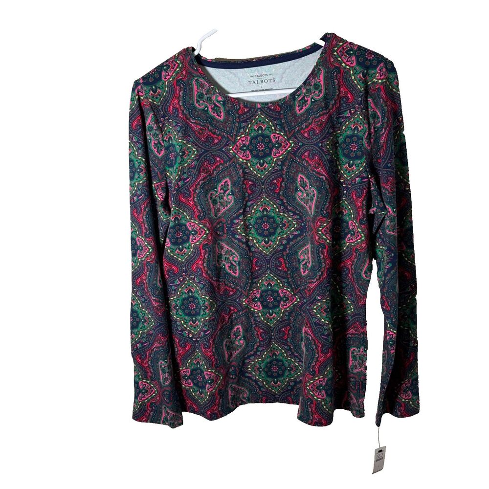 Talbots T-Shirt Women's Large Crew Neck Long Sleeve Colorful Top Shirt